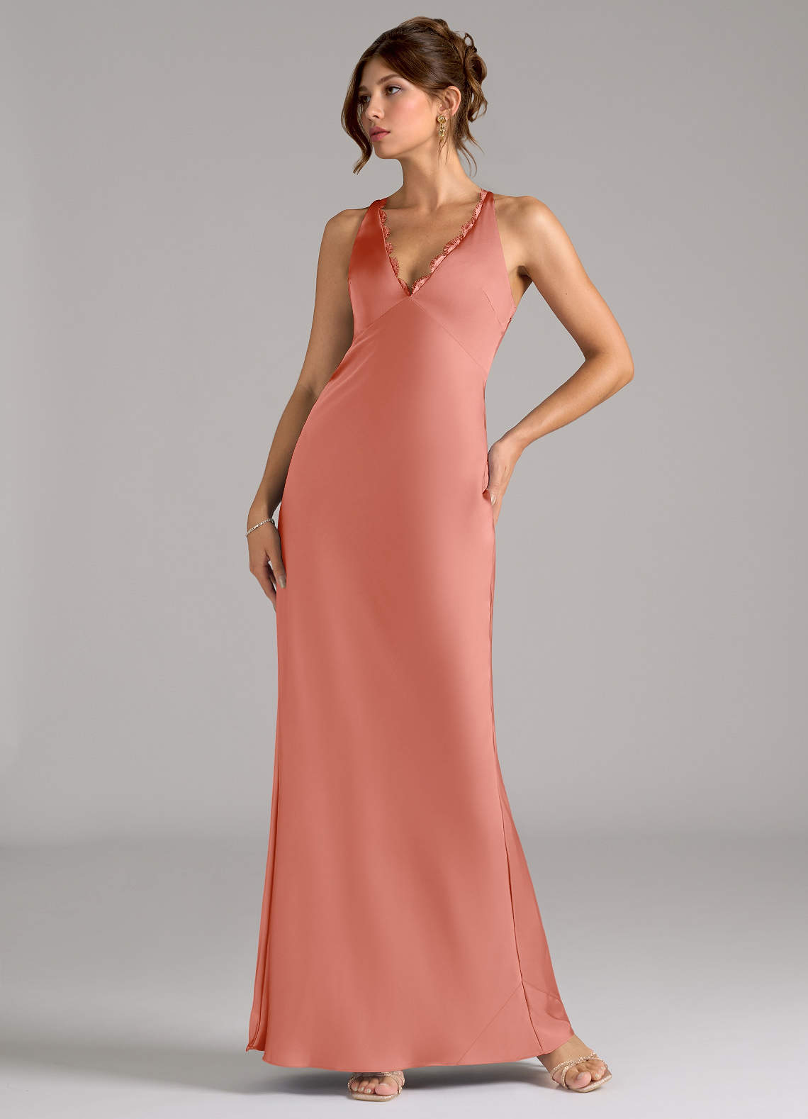 Azazie Tianna Bridesmaid Dresses Coral A-Line Stretch Satin Dress image1