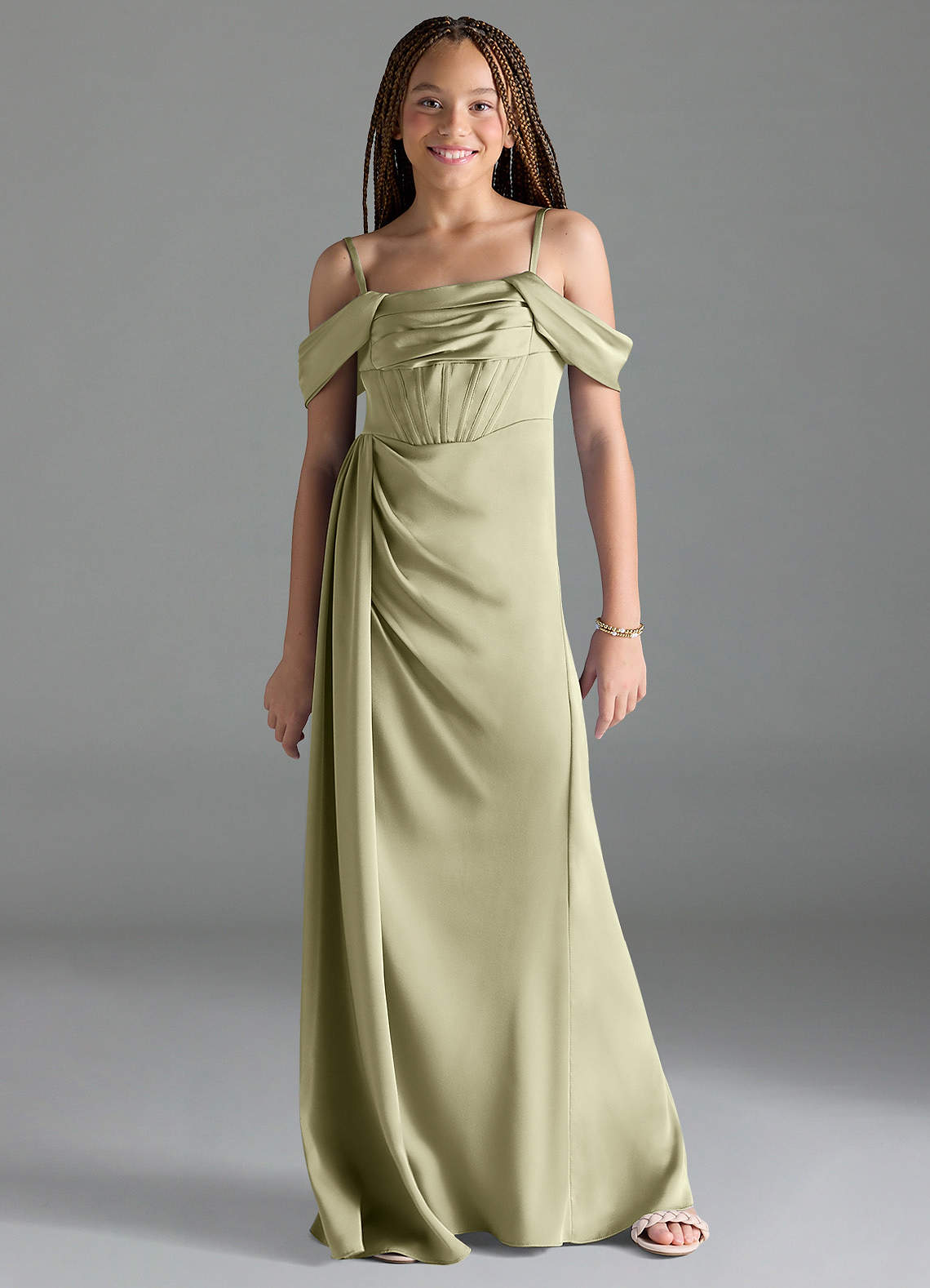 Azazie Amyra Junior Pistachio Sheath Off the Shoulder Stretch Satin Dress image1