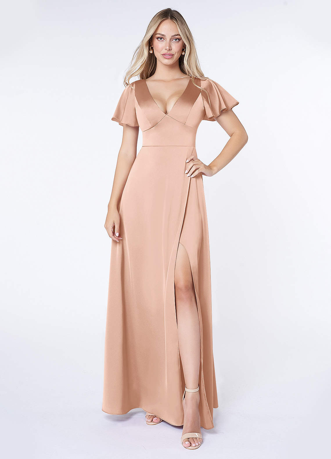 Azazie A-Line V-Neck Floor-Length Stretch Satin Bridesmaid Dresses - Rose Gold Azazie A-Line V-Neck Floor-Length Stretch Satin Bridesmaid Dresses - Rose Gold