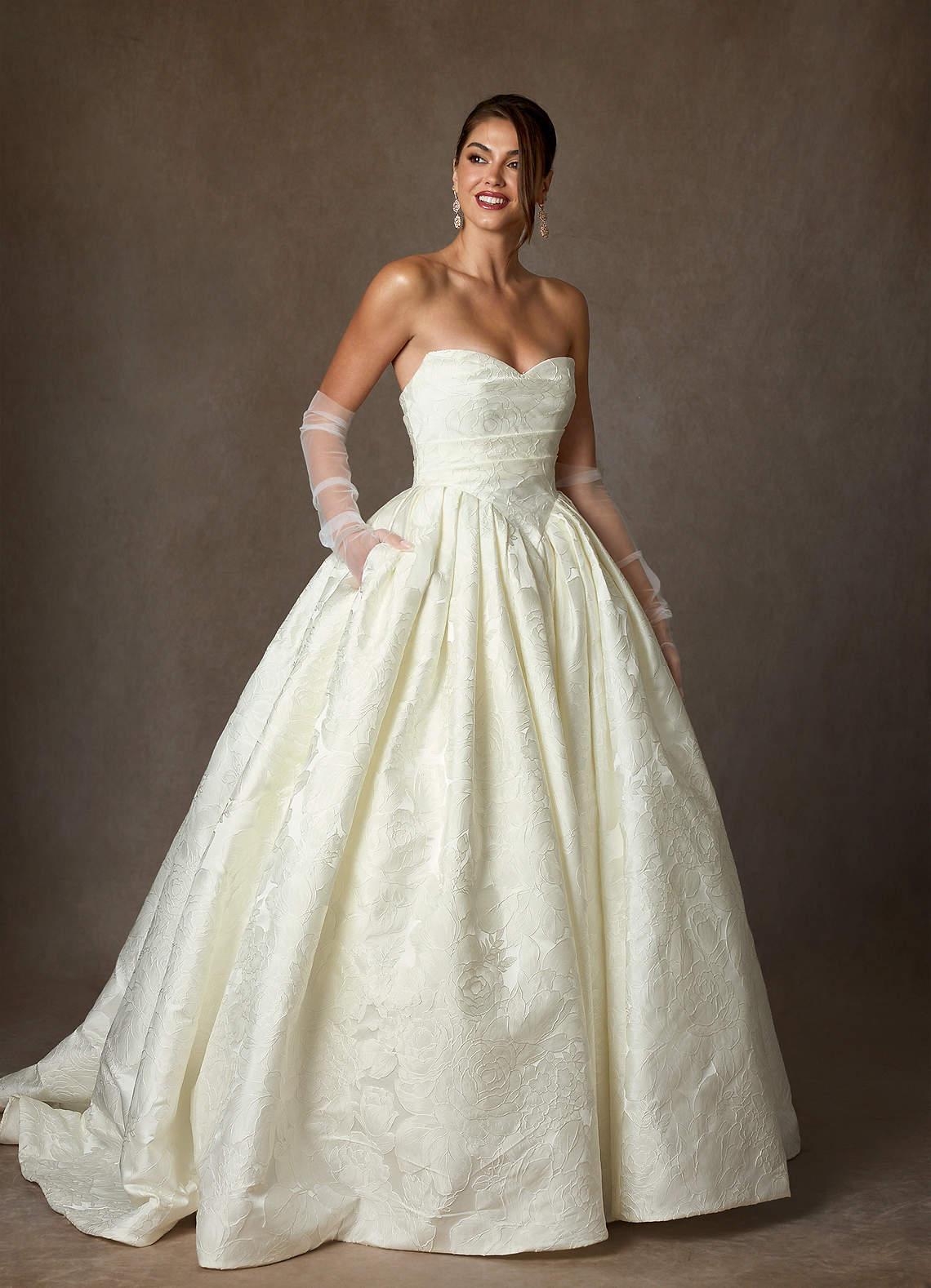 Azazie Celestia Wedding Dresses Antique White Ball-Gown Strapless Floral Jacquard Dress image4