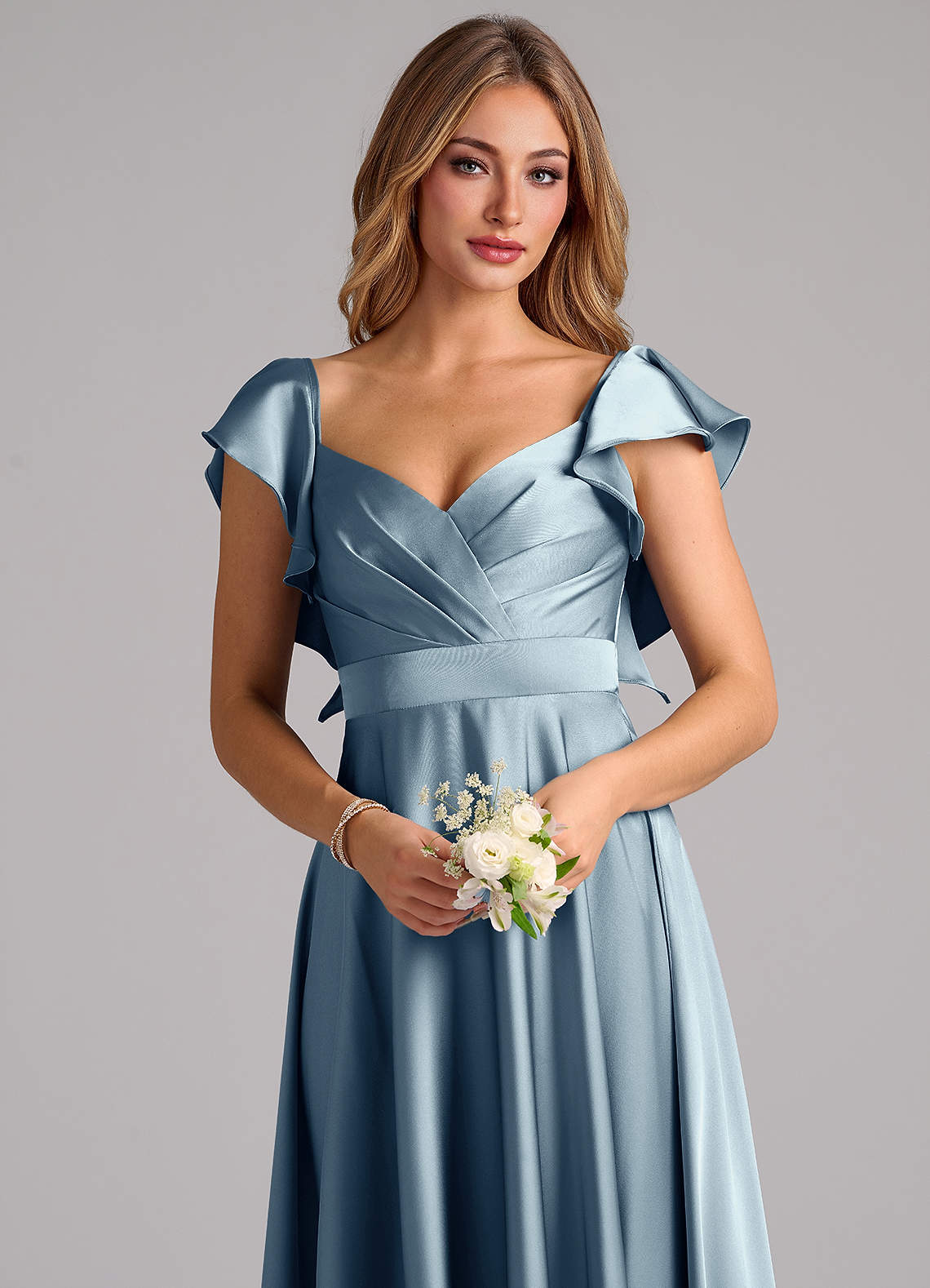 Azazie Leilani Bridesmaid Dresses Dusty Blue A-Line Ruched Stretch Satin Dress image4