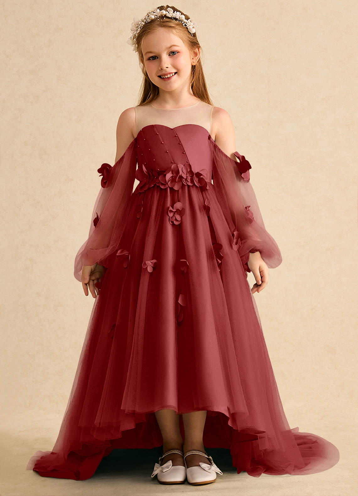Azazie Karrie Flower Girl Dresses Rust A-Line with Sleeves Tulle Dress image1