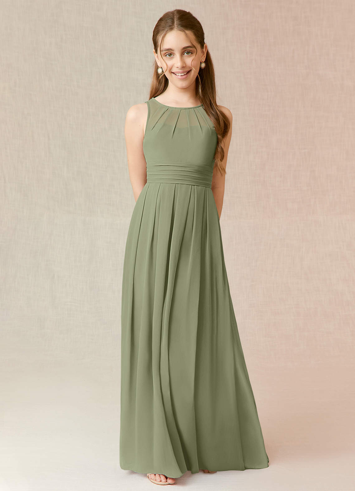 Azazie Bibiane Junior Pistachio A-Line Pleated Chiffon Dress image1