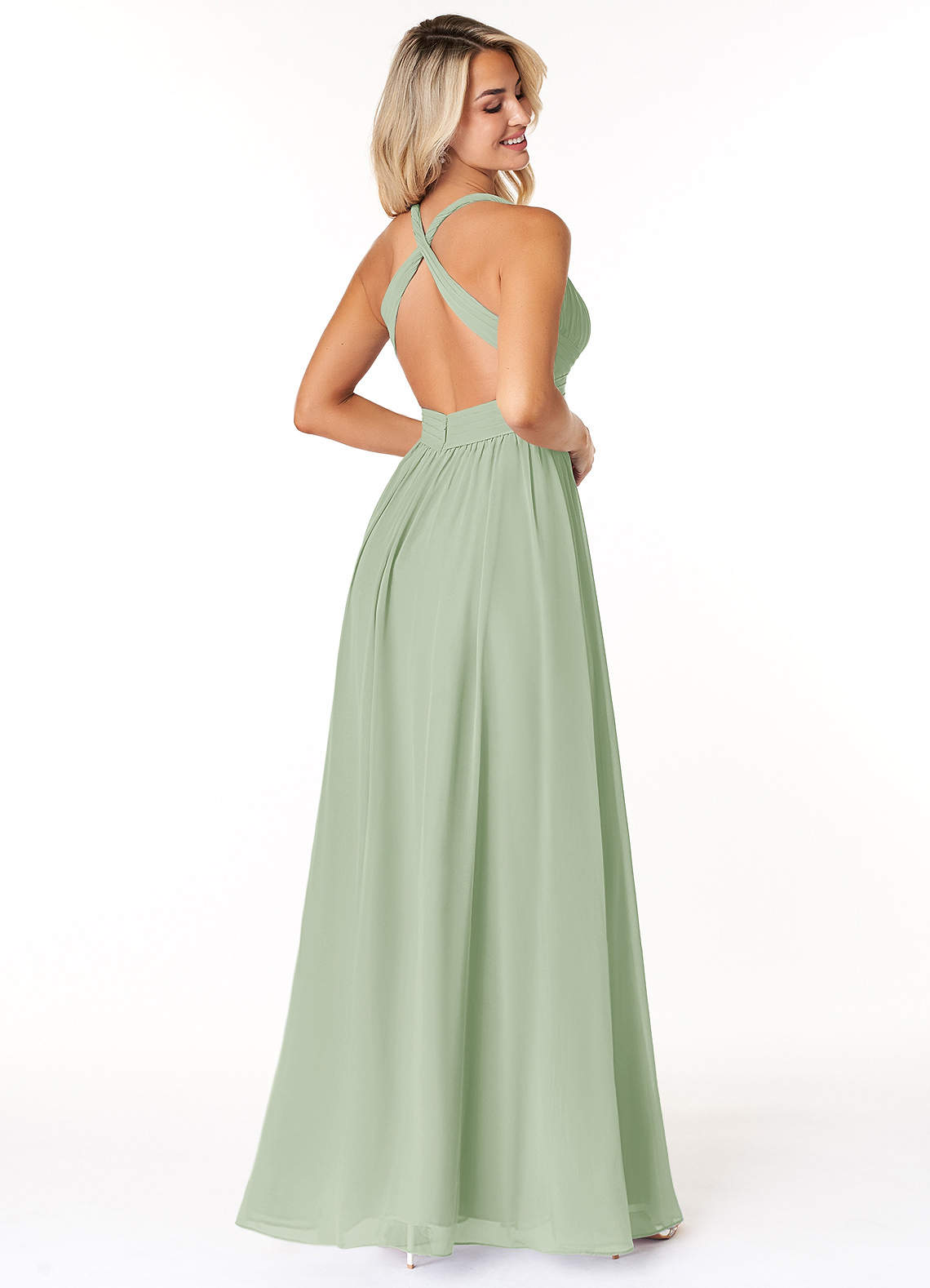 green emerald velvet dress Berylove Women Sage Green Maxi Bridesmaid Dress with Pleated Halter Chiffon A Line Wedding Party Guest Dress, Dusty Sage / US26W main image 0