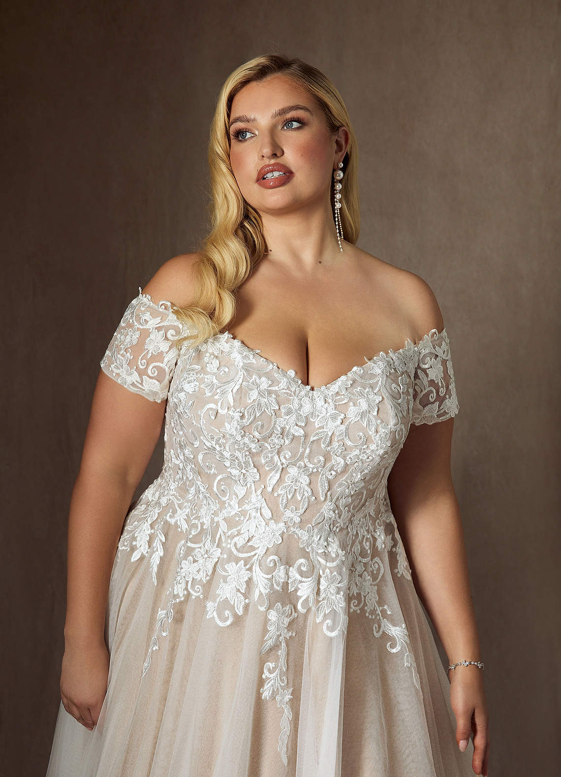 Azazie Rowe Wedding Dresses Diamond White Nude Ball-Gown Off the Shoulder Tulle Dress image4
