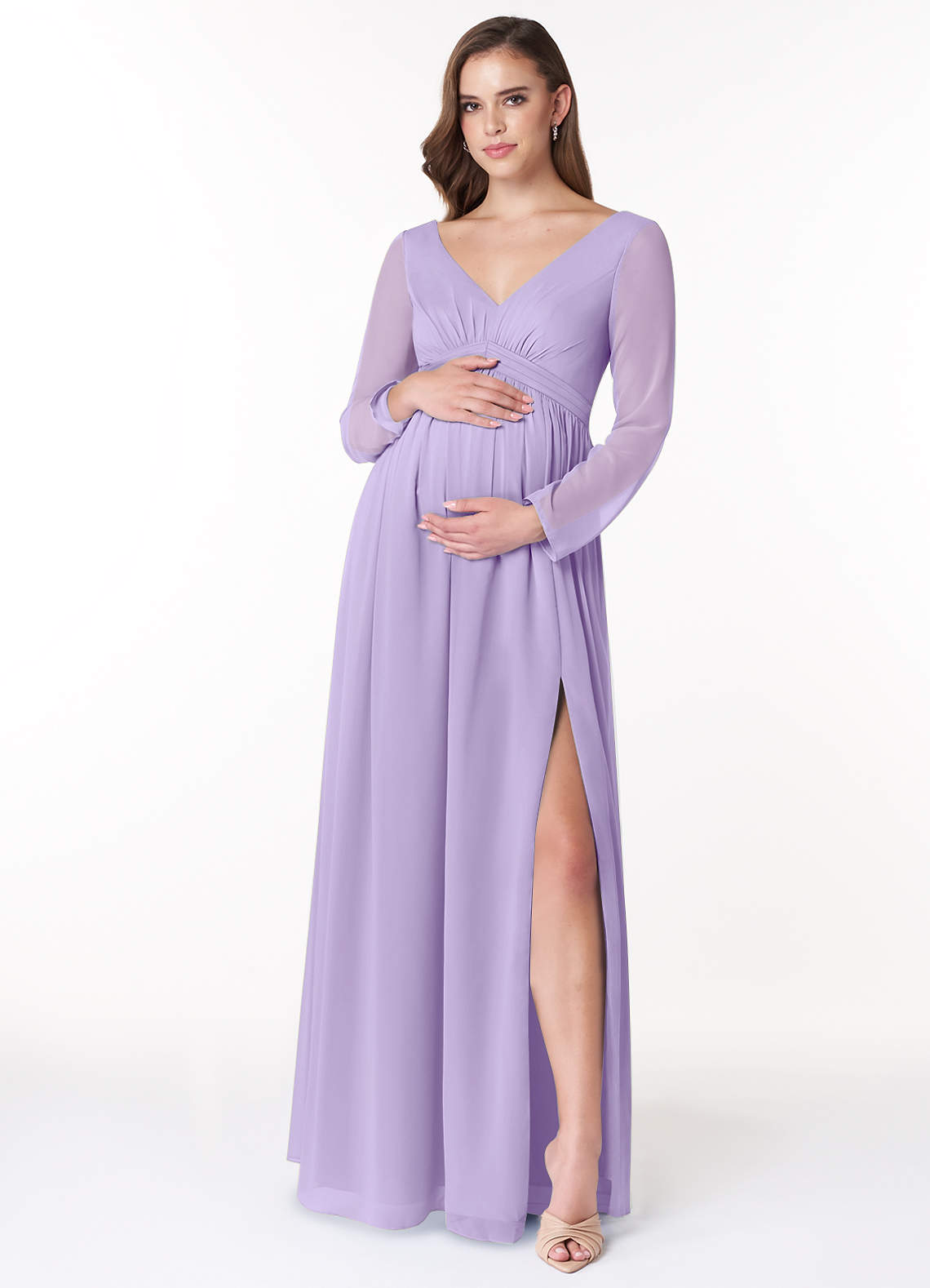 Azazie Teton Robes de demoiselle d'honneur de maternité Robe Trapèze Manche longue Longueur ras du sol Mousseline de soie image1