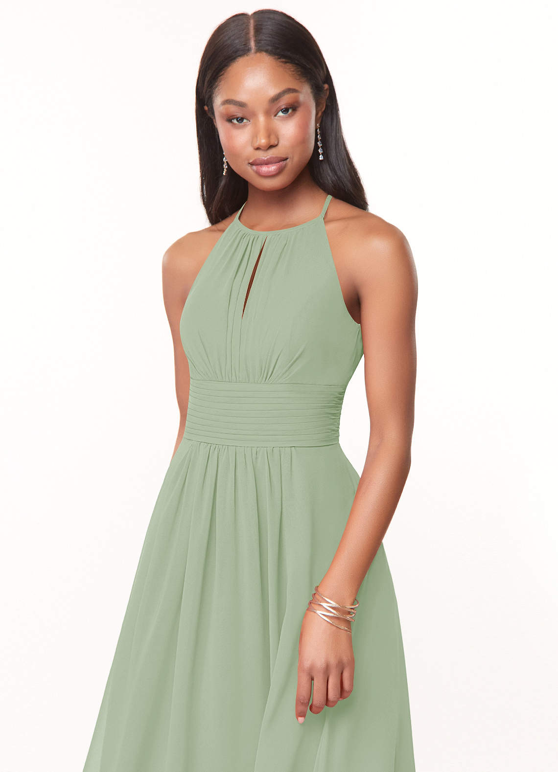 Azazie Bonnie Bridesmaid Dresses Dusty Sage A-Line Keyhole Ruched Chiffon Dress image4