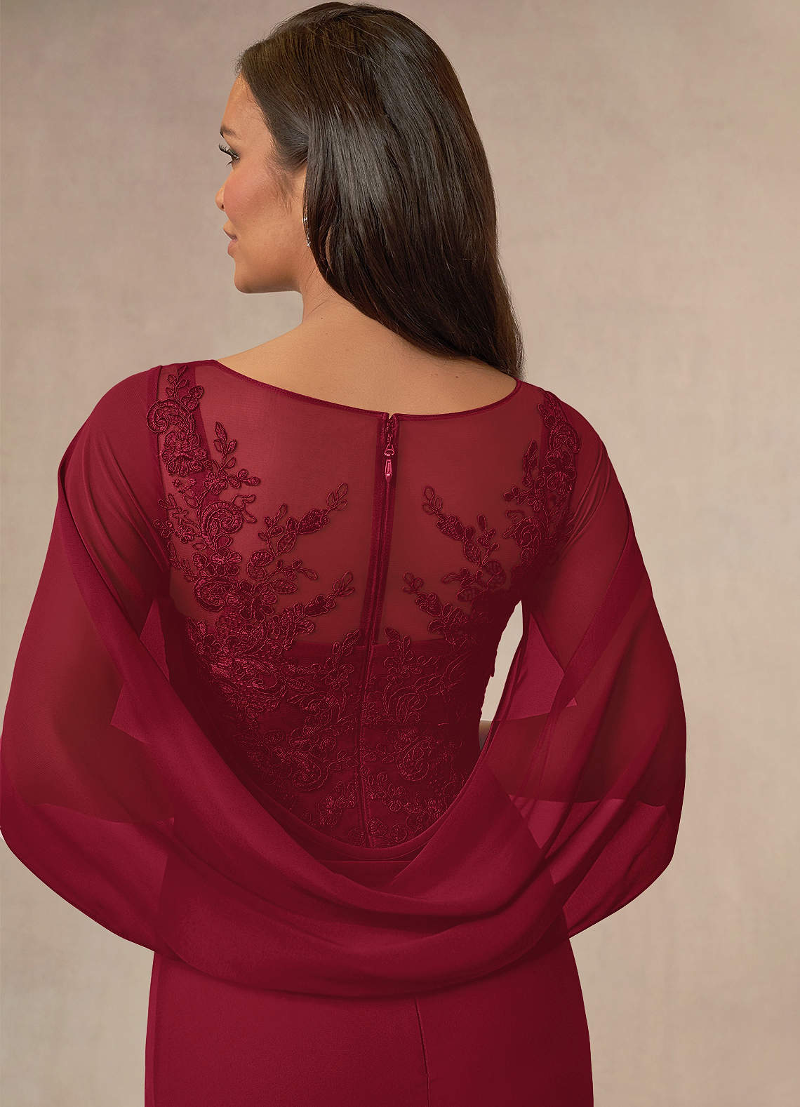 Azazie Hera Mother of the Bride Dresses Burgundy A-Line Lace Capelet Chiffon Dress image3