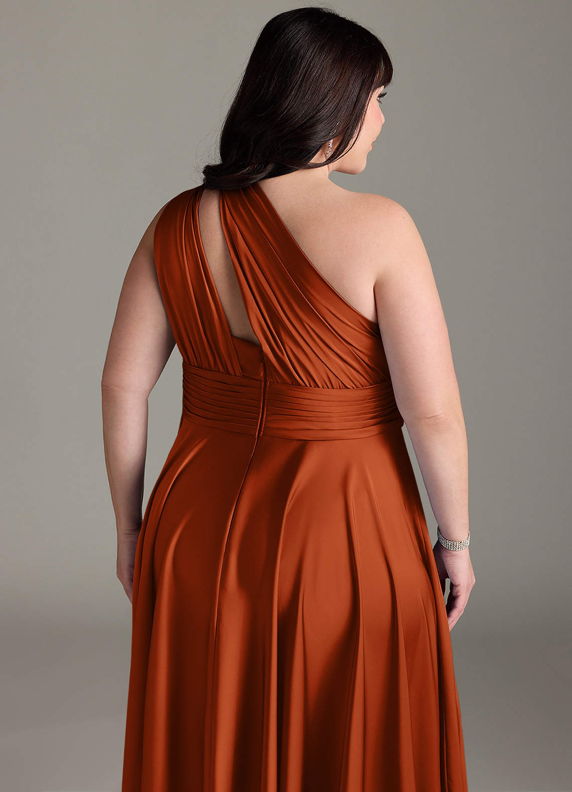 Azazie Charlize Bridesmaid Dresses Burnt Orange A-Line One Shoulder Stretch Satin Dress image15