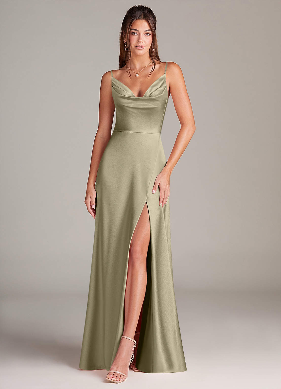 Azazie Sarella Bridesmaid Dresses Moss Green A-Line with Pockets Metallic Satin Dress image1