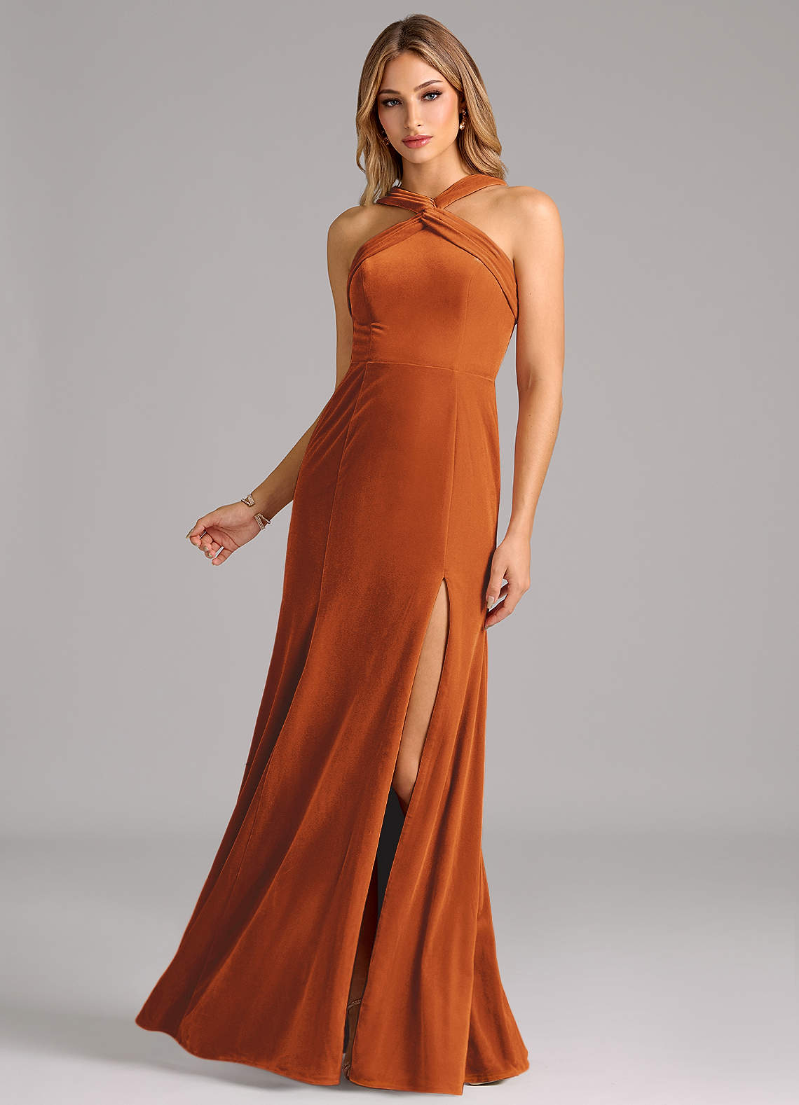 Azazie Rue Brautjungfernkleider A-Linie Plissee Samt Kleid Gebranntes Orange image1