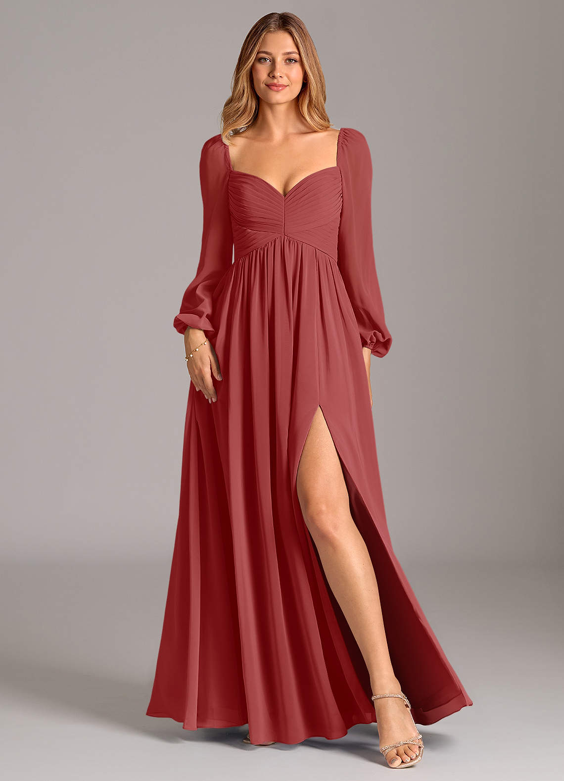 Azazie Bailee Bridesmaid Dresses Rust A-Line Long Sleeve Chiffon Dress image1