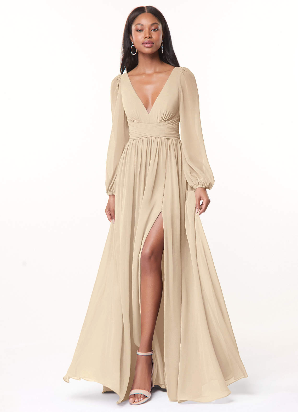 Azazie Norah At-home Try On Dresses Champagne A-Line V-Neck Long Sleeve Chiffon Dress image1