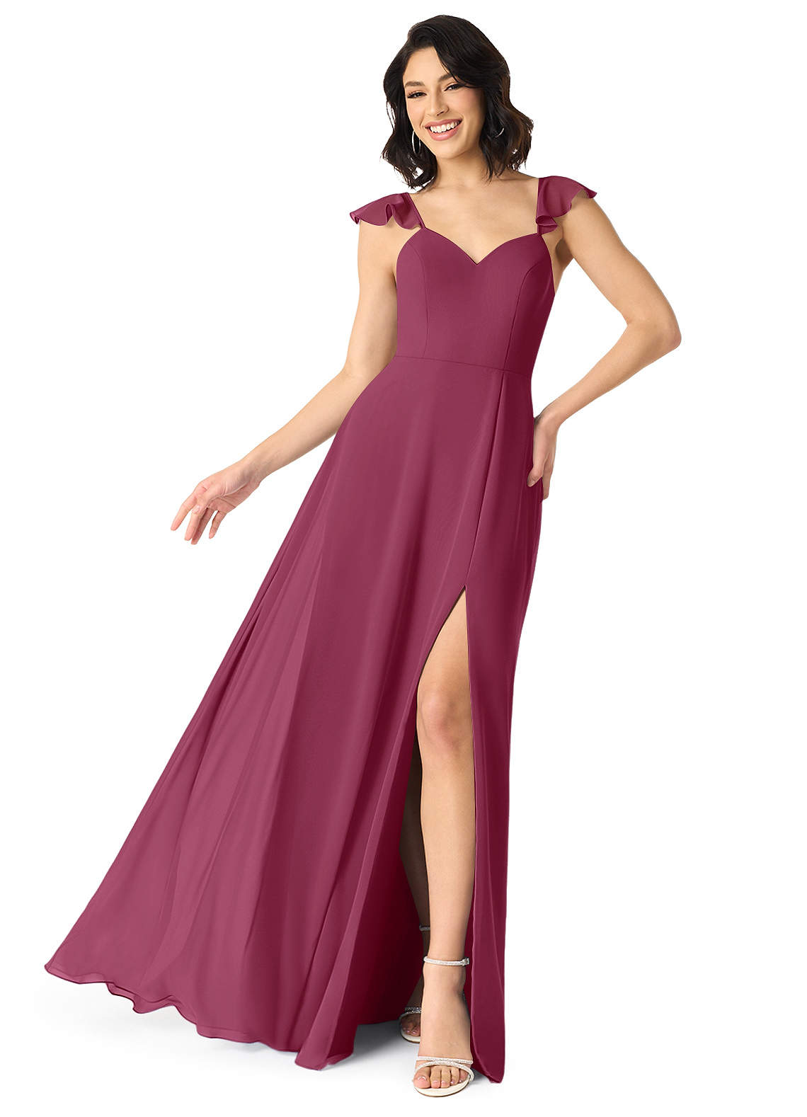 Azazie Everett Robes de demoiselle d'honneur Robe Trapèze en Mousseline de soie Col V froncé Mûre image1