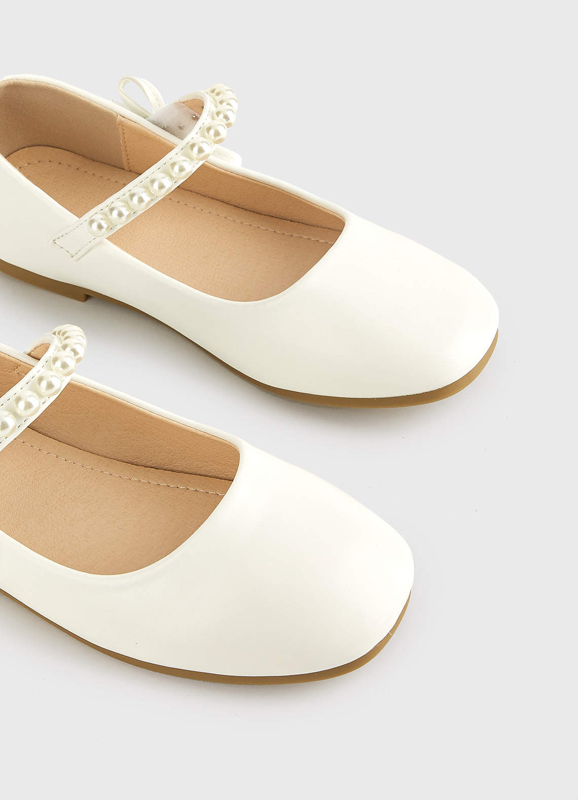 front Pearl Strap and Bow Girls Flat Shoes