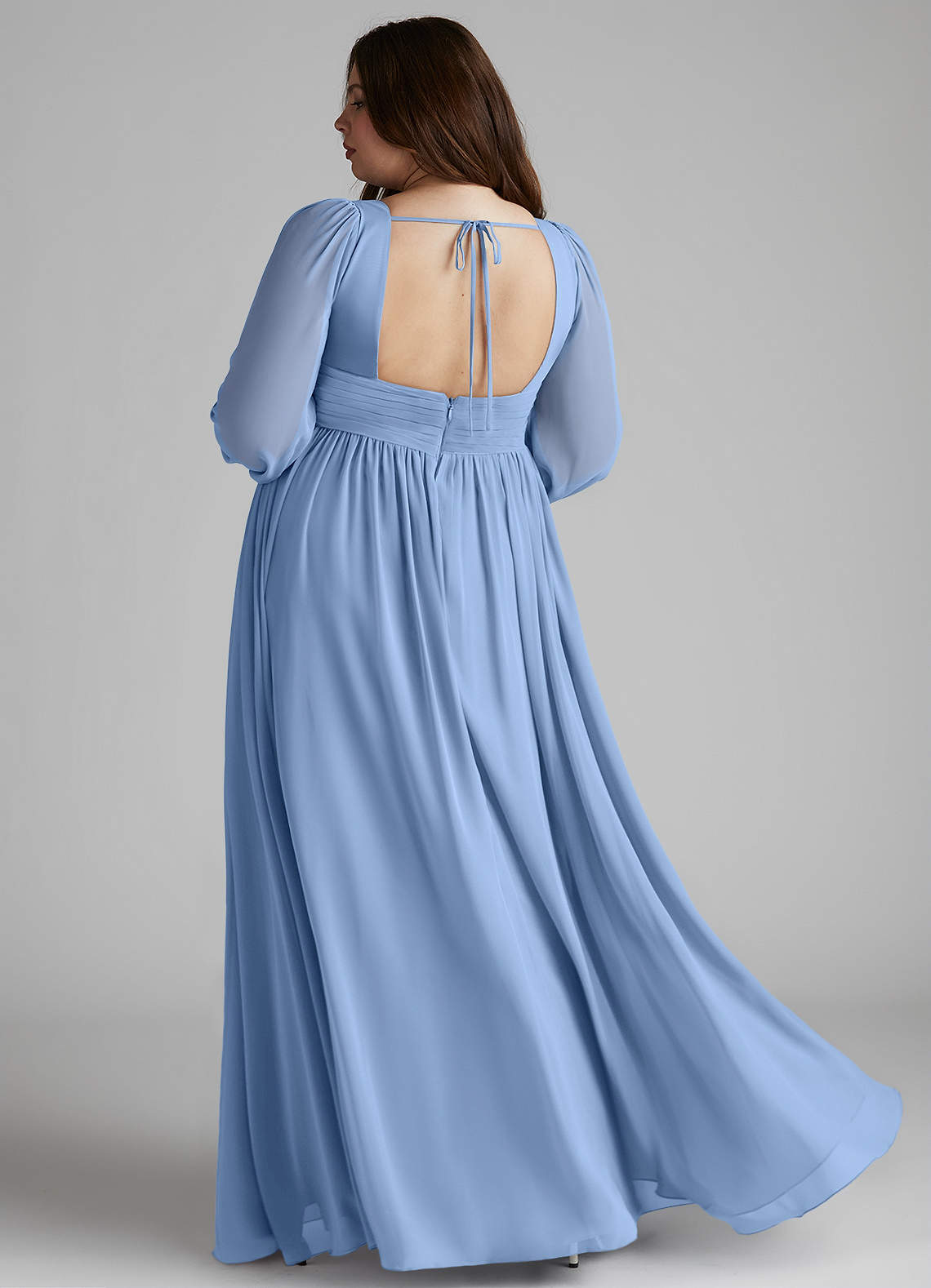 Azazie Norah Bridesmaid Dresses Steel Blue A-Line V-Neck Long Sleeve Chiffon Dress image6