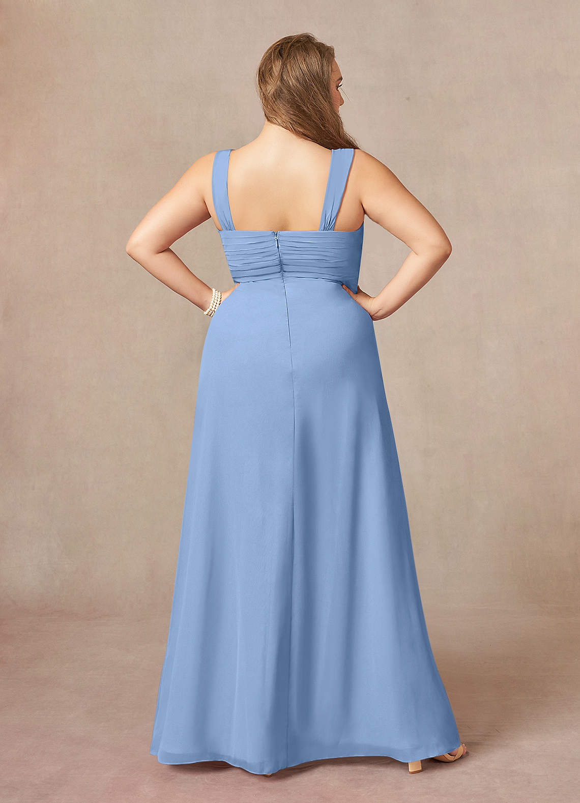 Steel Blue Azazie Weisz A-Line Square Neckline Pleated Chiffon Floor-Length  Dress