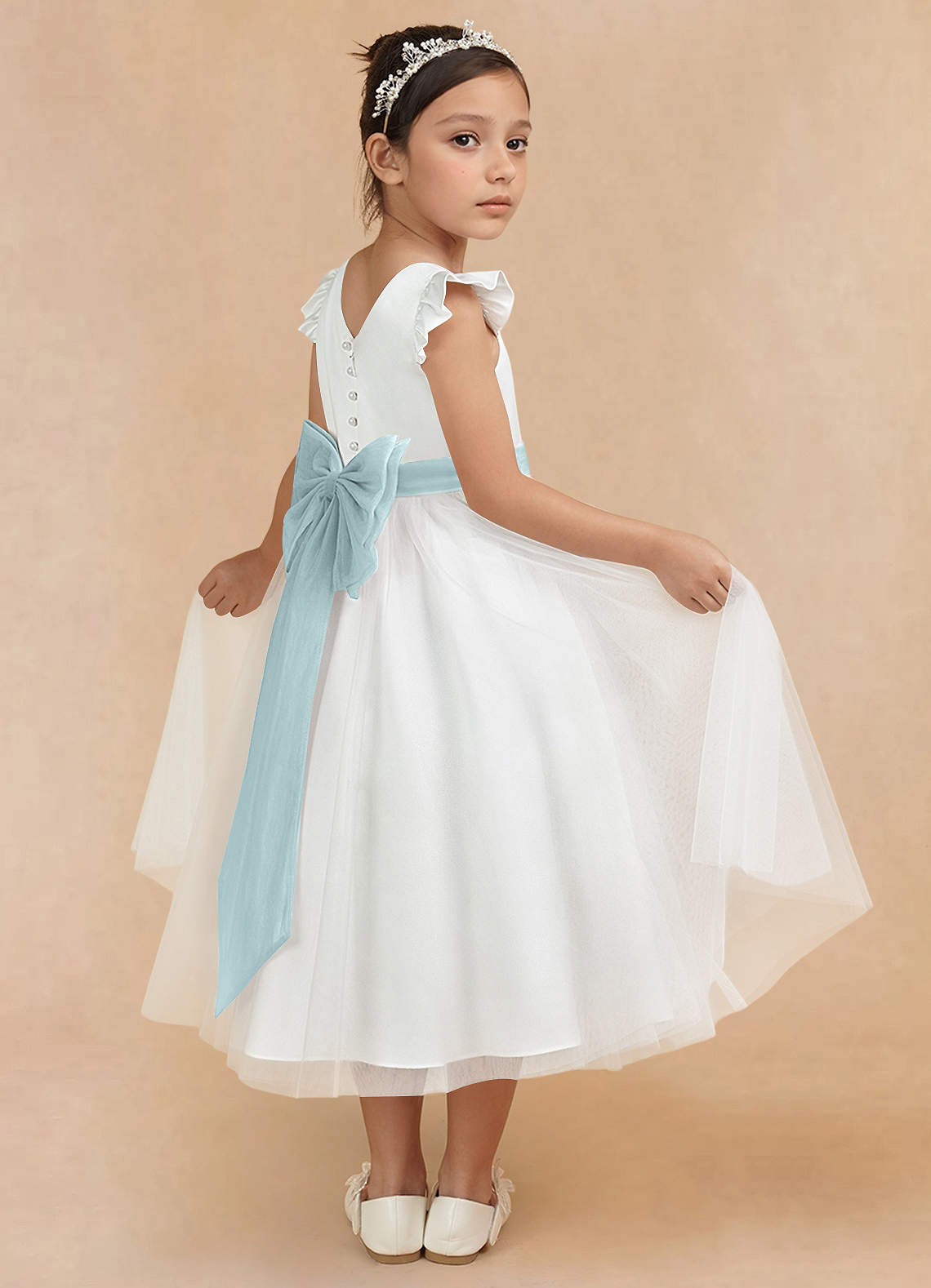 Azazie Hemi Flower Girl Dresses Ivory Mist A-Line Bow Tulle Dress image1