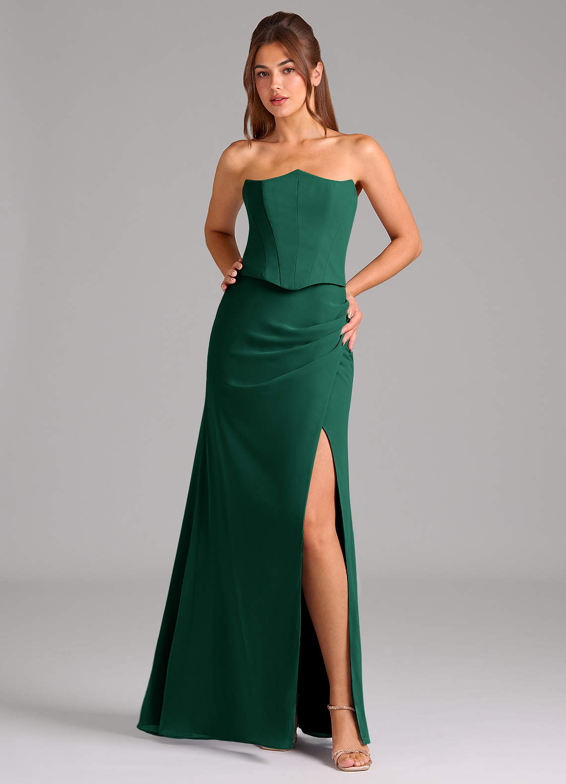 Azazie Jenine At-home Try On Dresses Emerald Mermaid Strapless Chiffon Dress image1