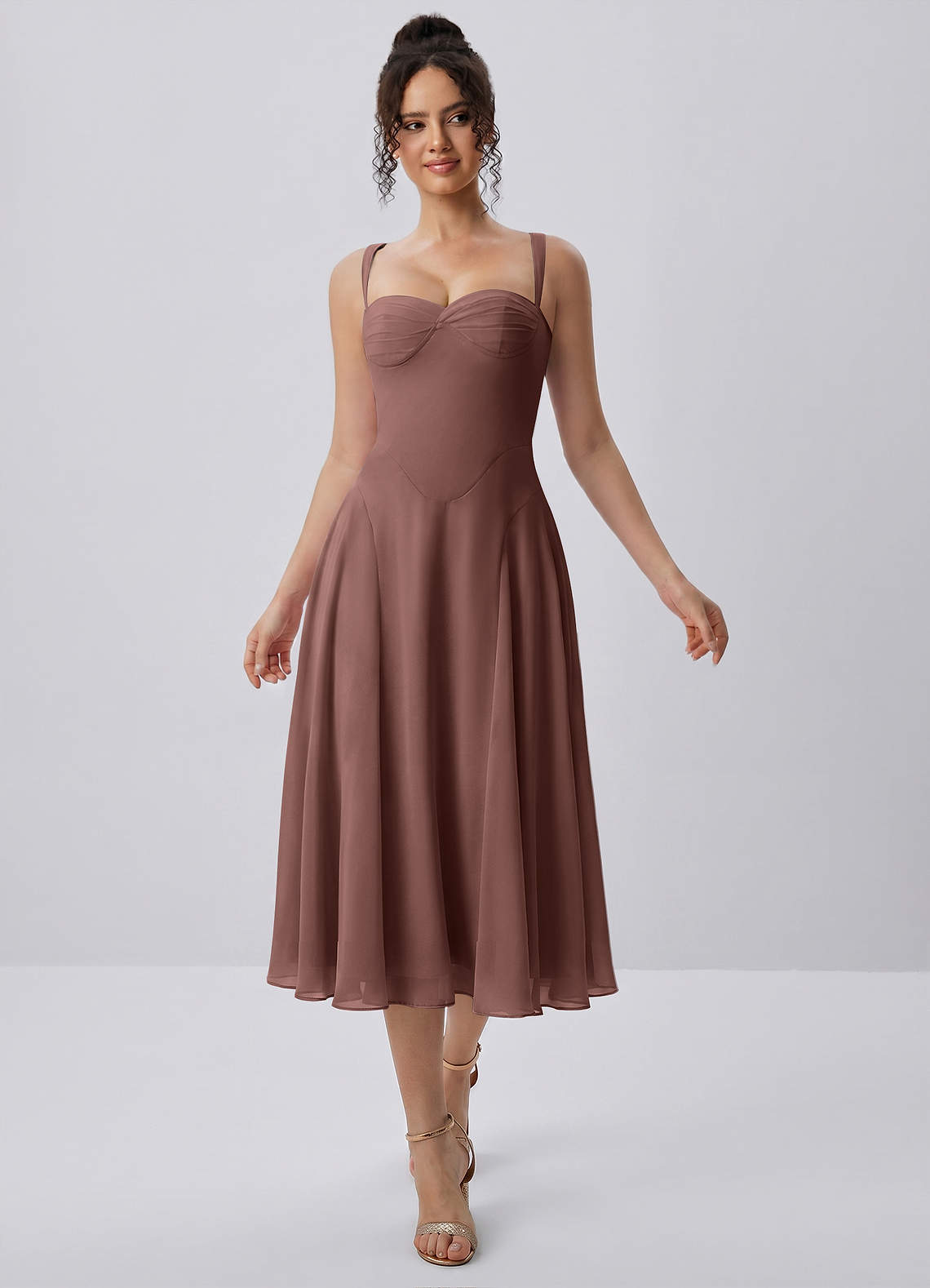 Huguette Mocha Coco Sweetheart Lace-Up Chiffon Midi Dress