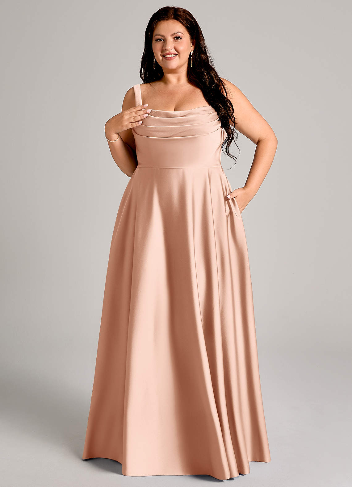 Azazie Plus Size A-Line Square Neck Floor-Length Stretch Satin Bridesmaid Dresses - rose gold Azazie Plus Size A-Line Square Neck Floor-Length Stretch Satin Bridesmaid Dresses - rose gold