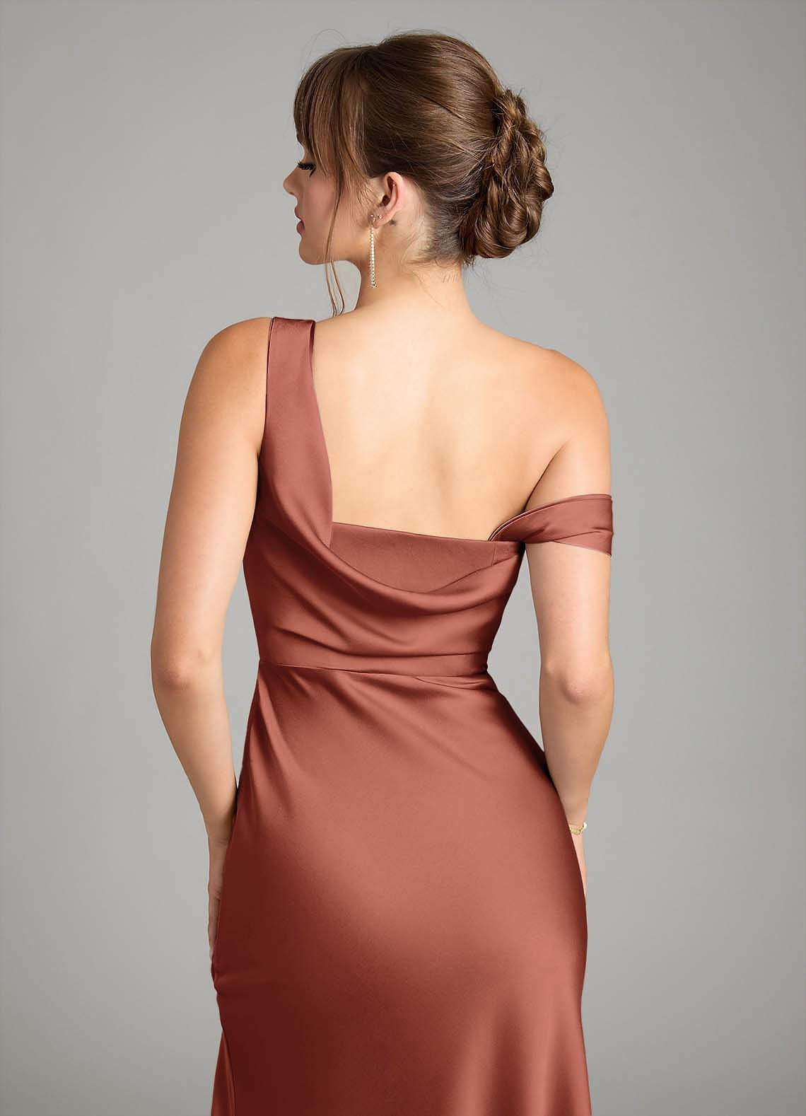 Azazie Madelyn Bridesmaid Dresses Auburn Mermaid One Shoulder Stretch Satin Convertible Dress image6