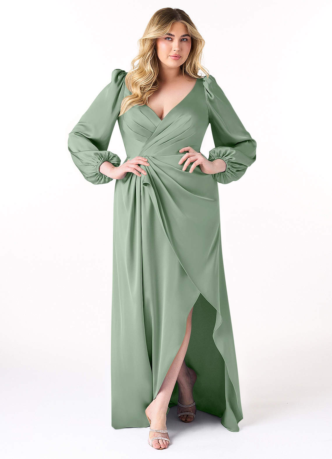 Azazie Mel Bridesmaid Dresses Matcha Sheath Long Sleeve Stretch Satin Dress image1