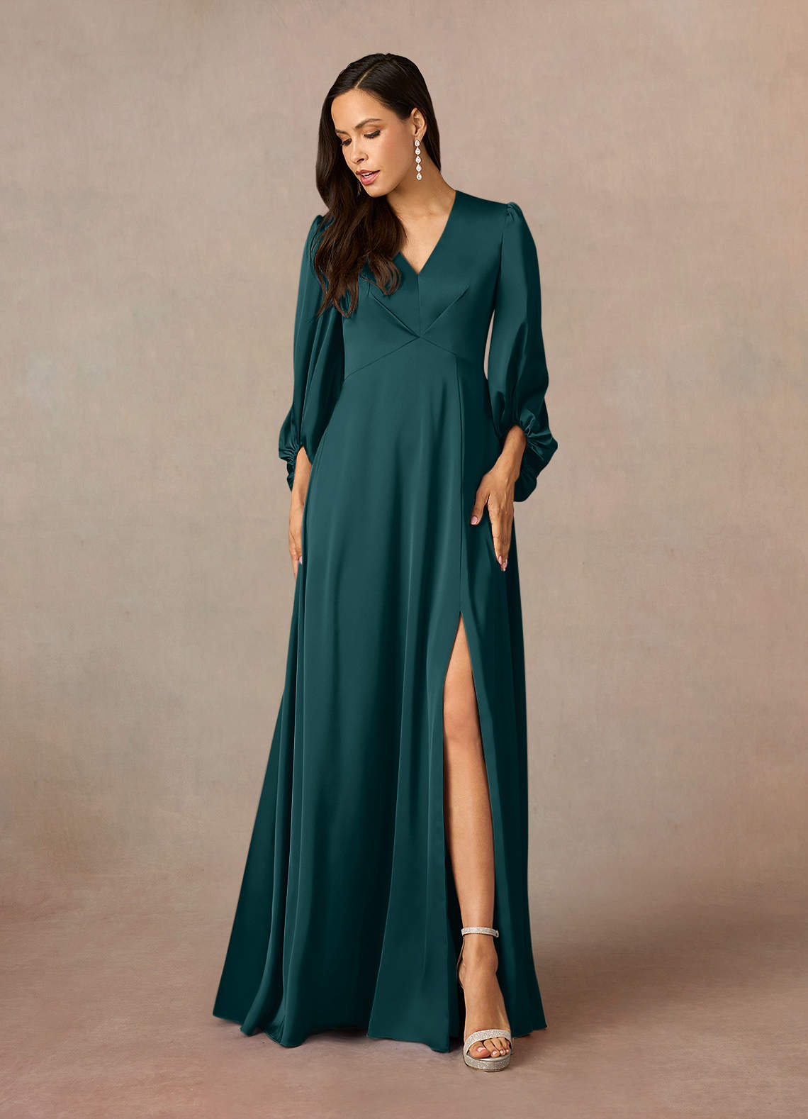 Azazie Luna Pine A-Line Pleated Stretch Satin Dress Ready to Ship | Azazie