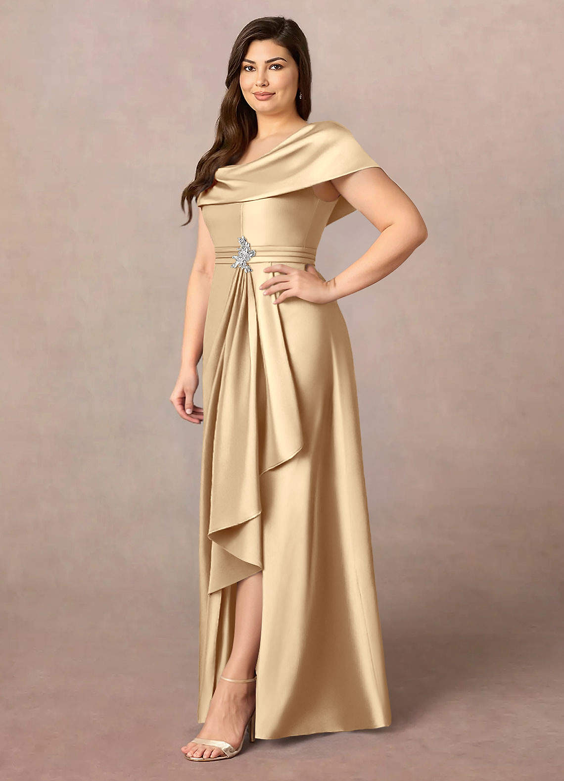 Azazie Branford At-home Try On Dresses Champagne A-Line Pleated Stretch Satin Dress image10