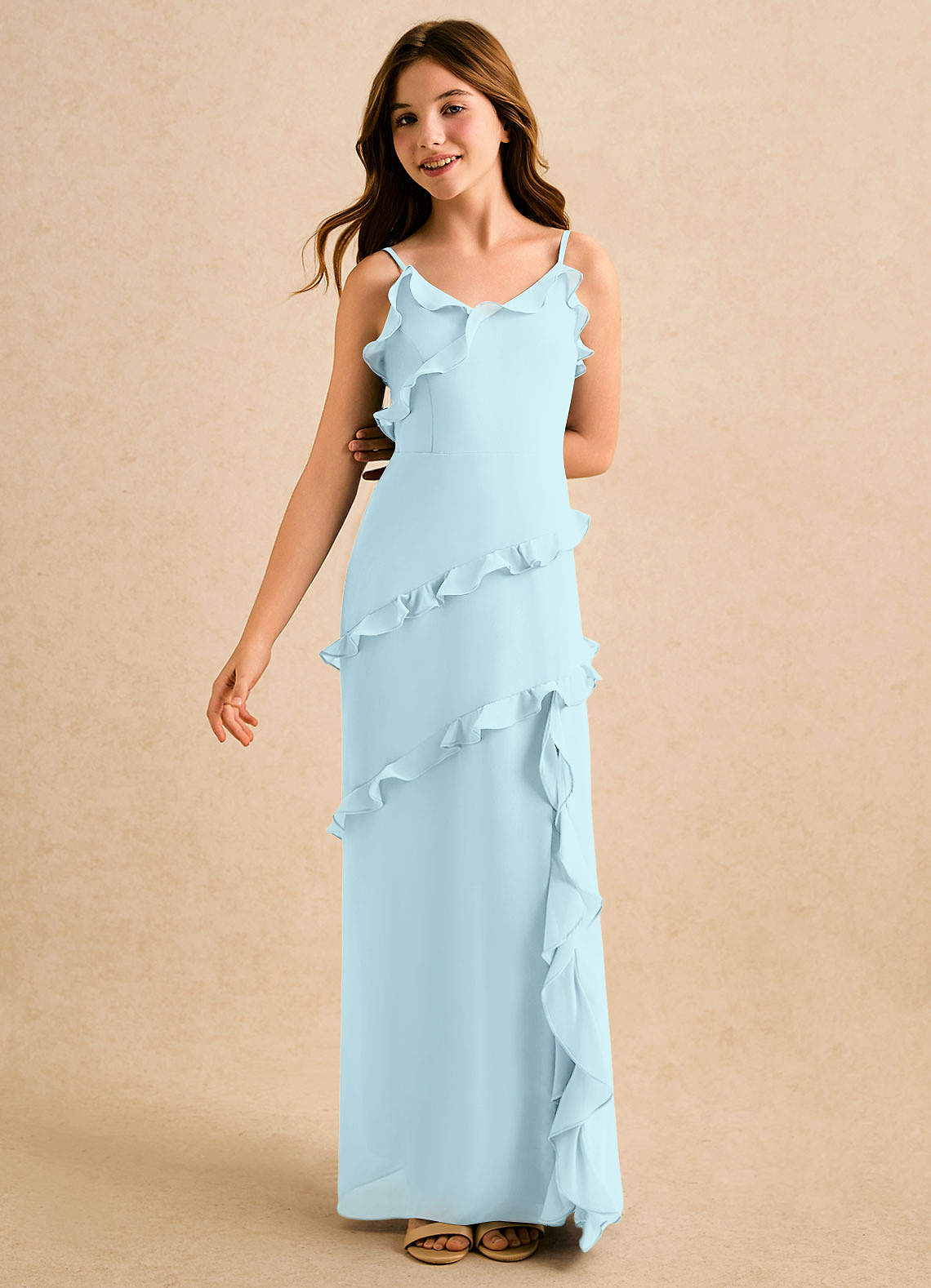 Azazie Lola Girls Formal Cloud Blue A-Line Ruched Chiffon Dress