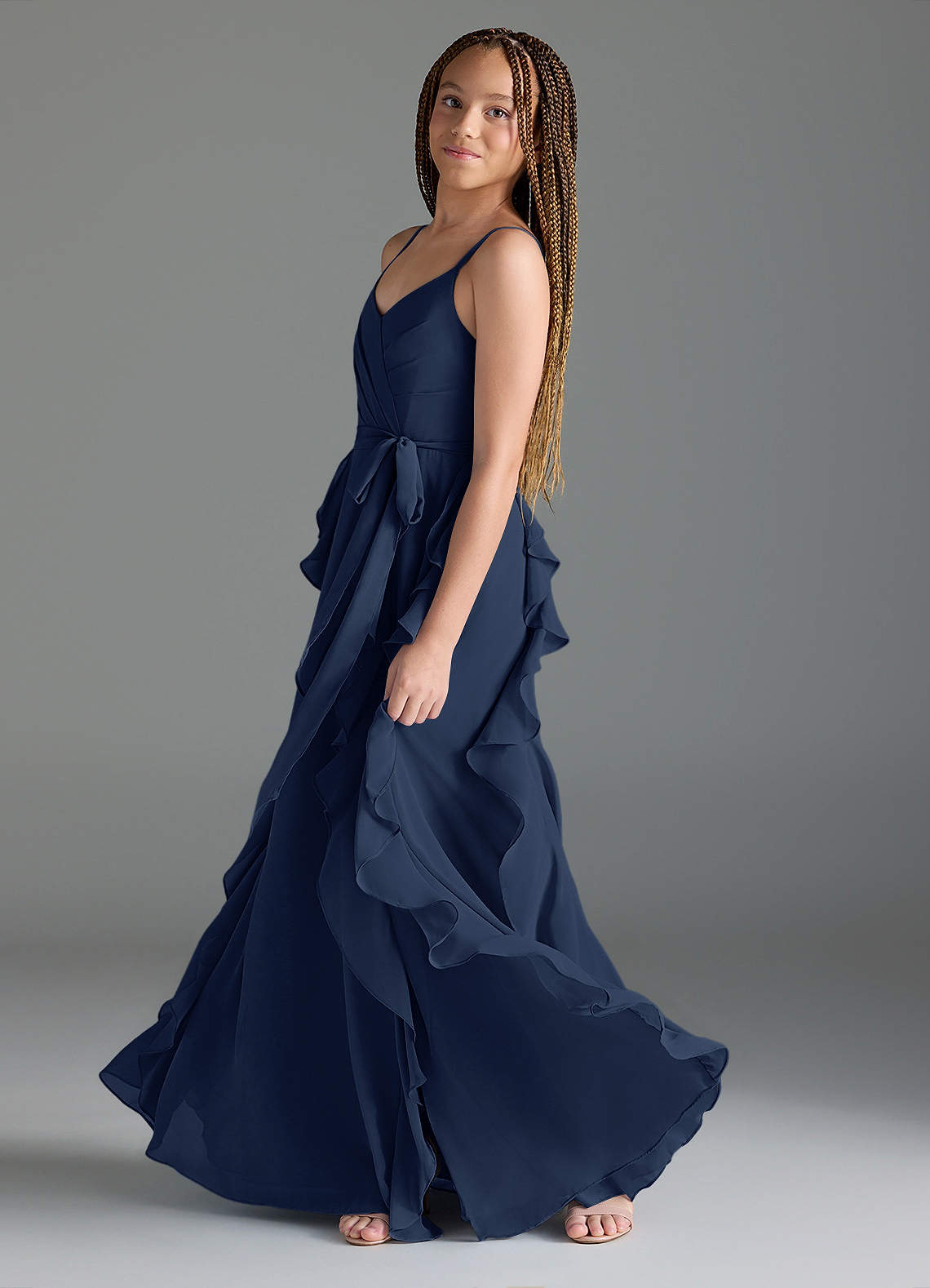 Azazie Peyton Junior Dark Navy A-Line V-Neck Cascading Ruffles Chiffon Dress image3