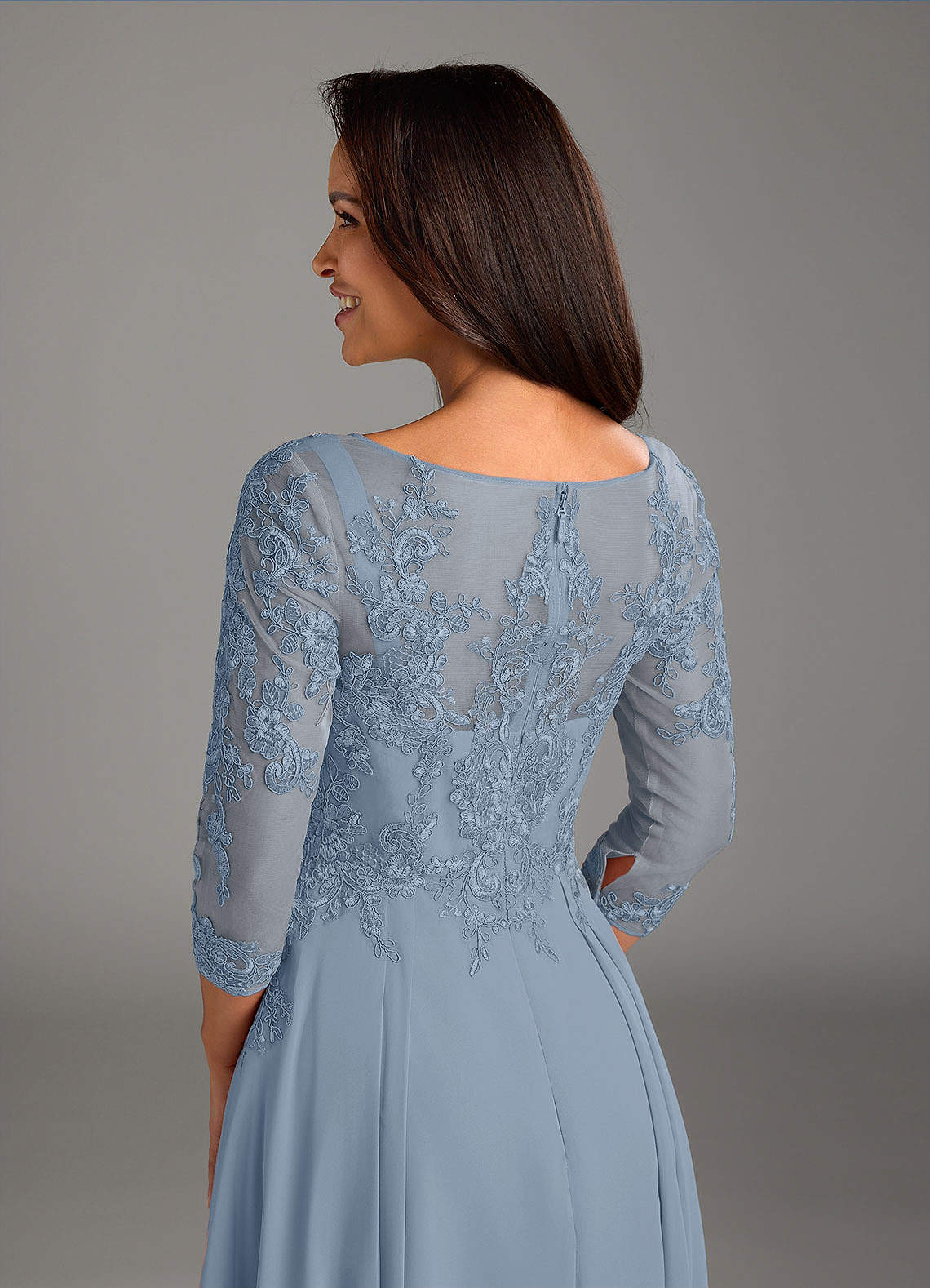 Azazie Marge Mother of the Bride Dresses Dusty Blue A-Line Scoop Lace Chiffon Dress image3