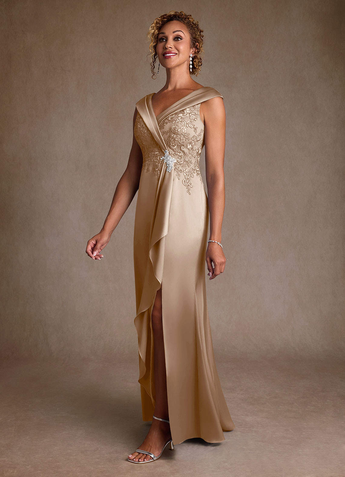 Azazie Santa Monica Mother of the Bride Dresses Taupe A-Line Lace Dress image3