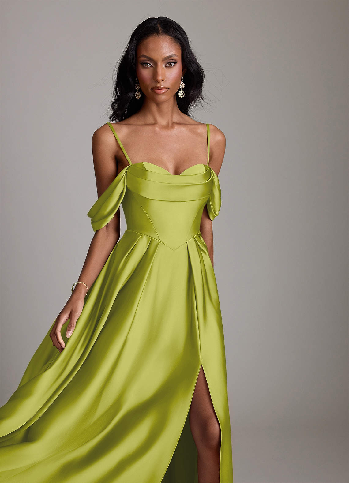 yellow green satin dress Lime Green Satin Draped Dress with Silver Embroidery S