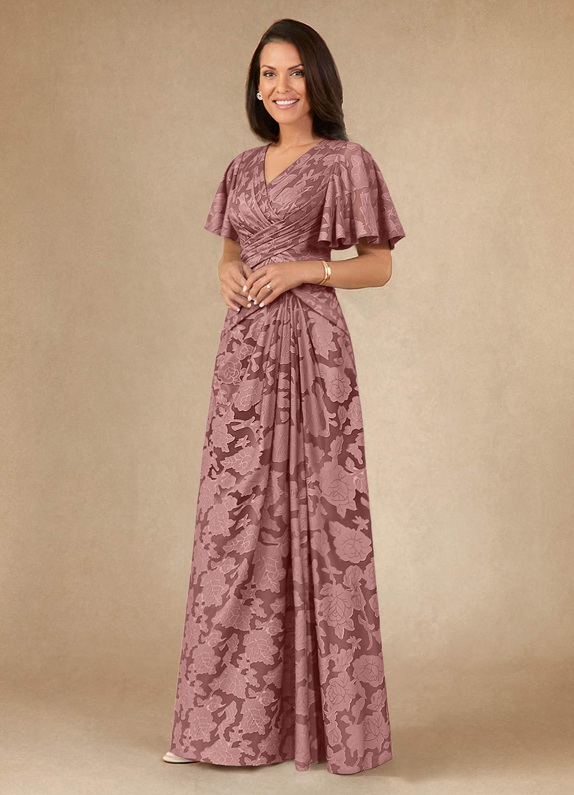 Azazie Emmeline Mother of the Bride Dresses Dusty Rose A-Line Pleated Floral Burnout Dress image2