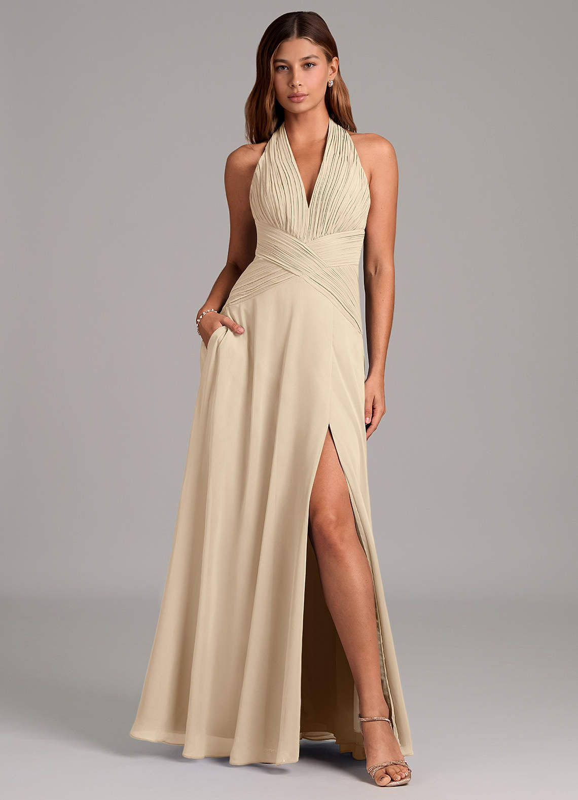Azazie Elizabeth Bridesmaid Dresses Champagne A-Line Pleated Chiffon Dress image1