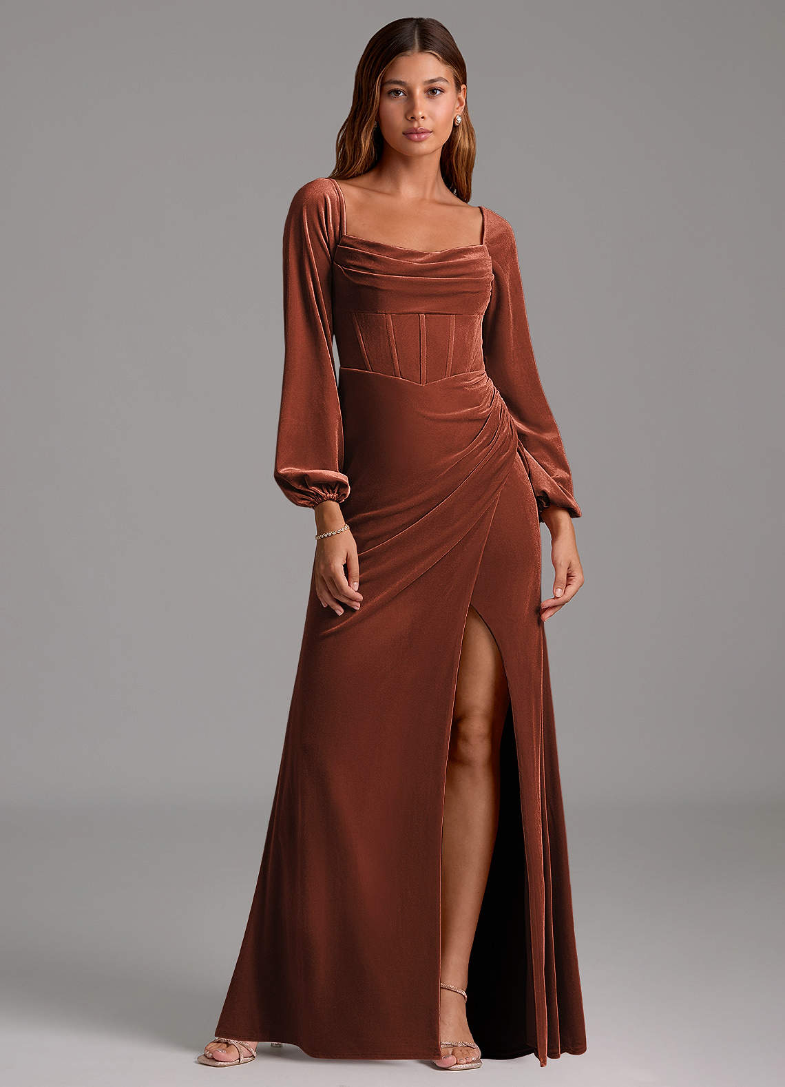 Azazie Charissa Bridesmaid Dresses Terracotta Sheath Long Sleeve Velvet Dress image1