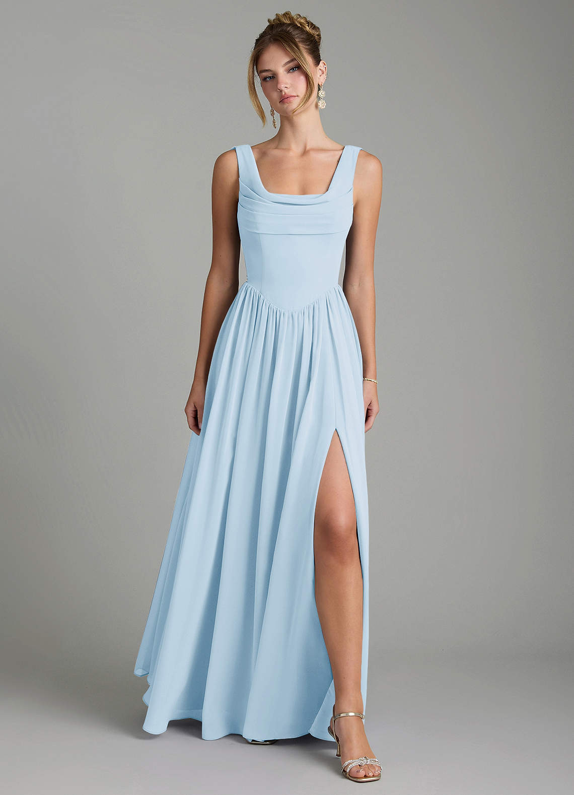 blue pleated bridesmaid dress Azazie Novi