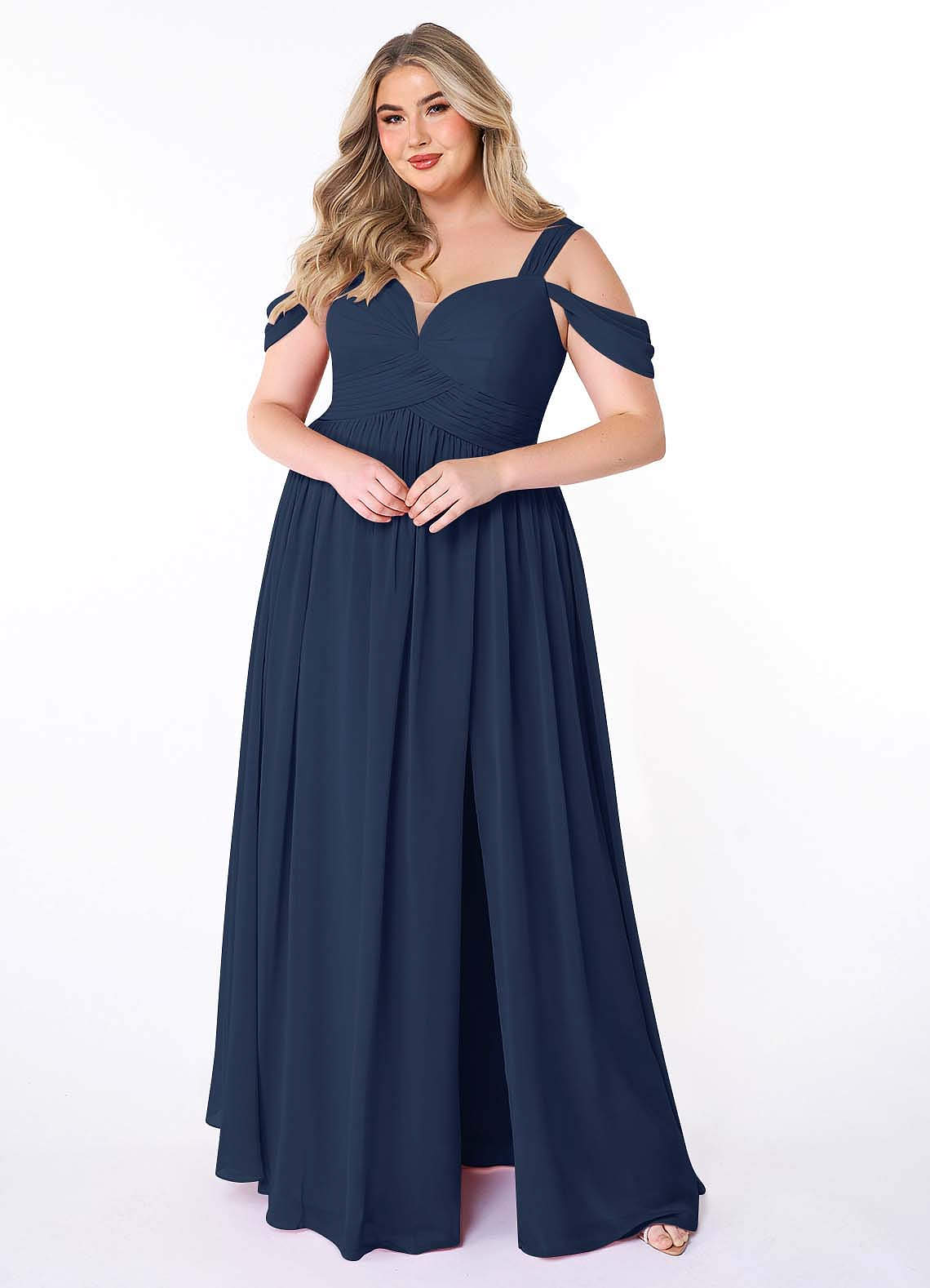 Azazie Lianne Bridesmaid Dresses Dark Navy A-Line Off the Shoulder Chiffon Dress image1