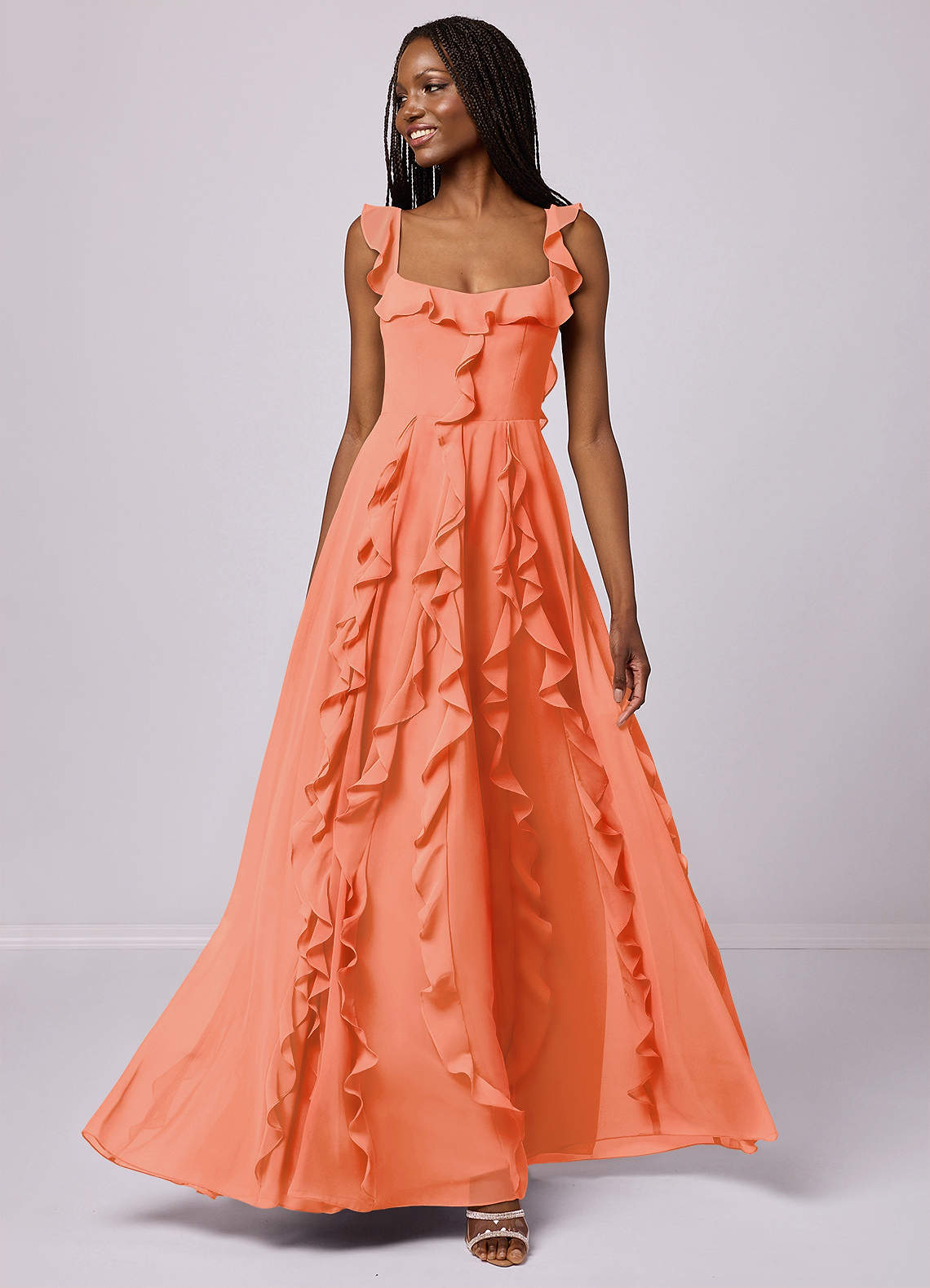 Barbie ♥ Azazie Brautjungfernkleider A-Linie mit Taschen Chiffon Kleid Sonnenuntergang image1