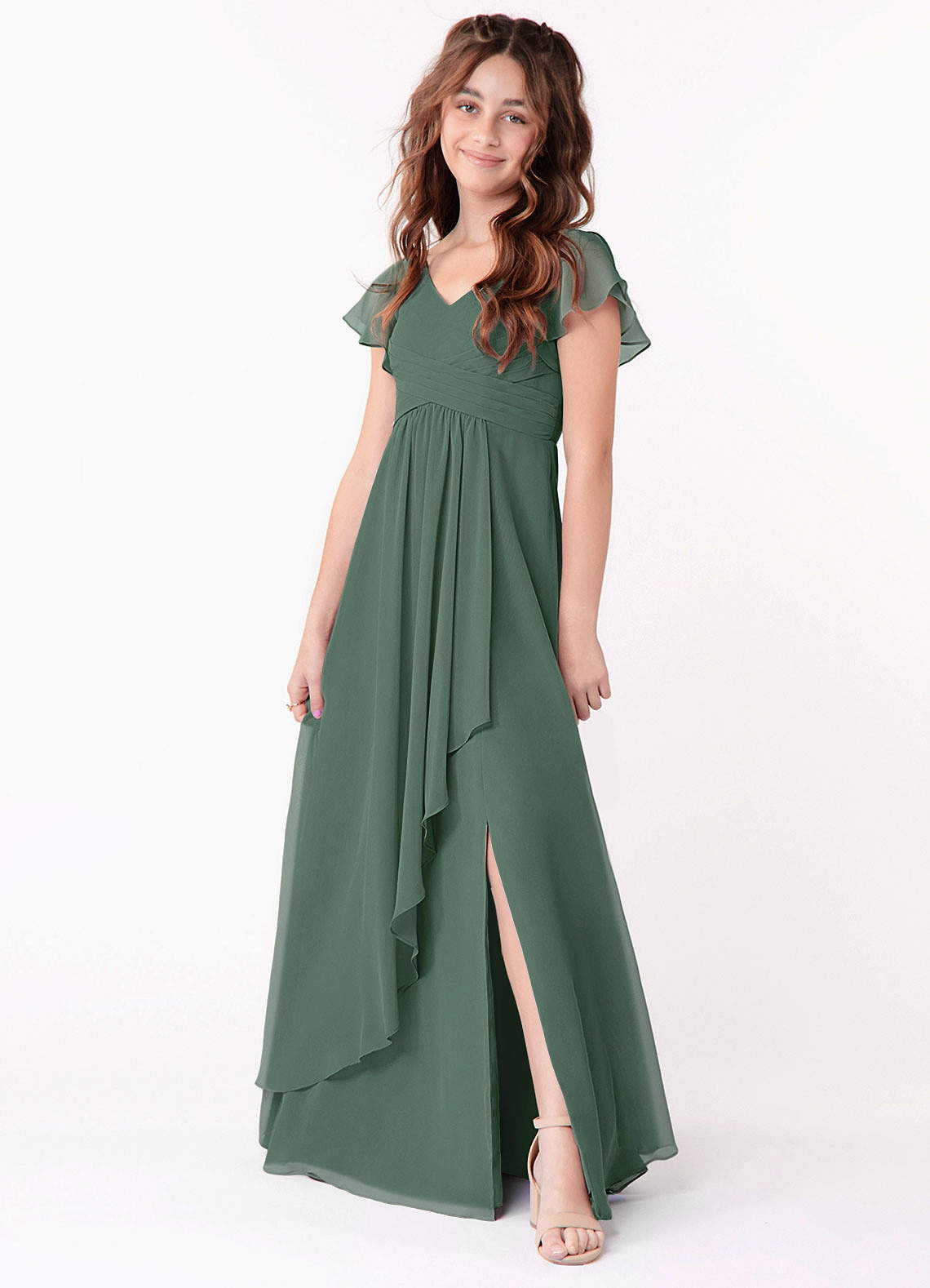 Azazie Omari Junior Eucalyptus A-Line Ruched Chiffon Dress image1