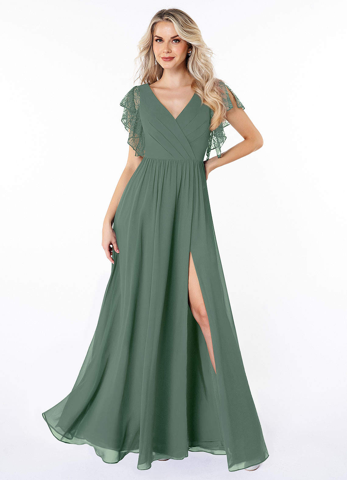 Azazie Zella Bridesmaid Dresses Eucalyptus A-Line Lace Chiffon Dress image1