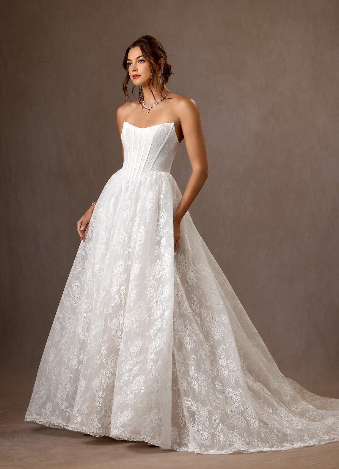 Azazie Demetria Wedding Dresses Diamond White Ball-Gown Strapless Lace Dress image6
