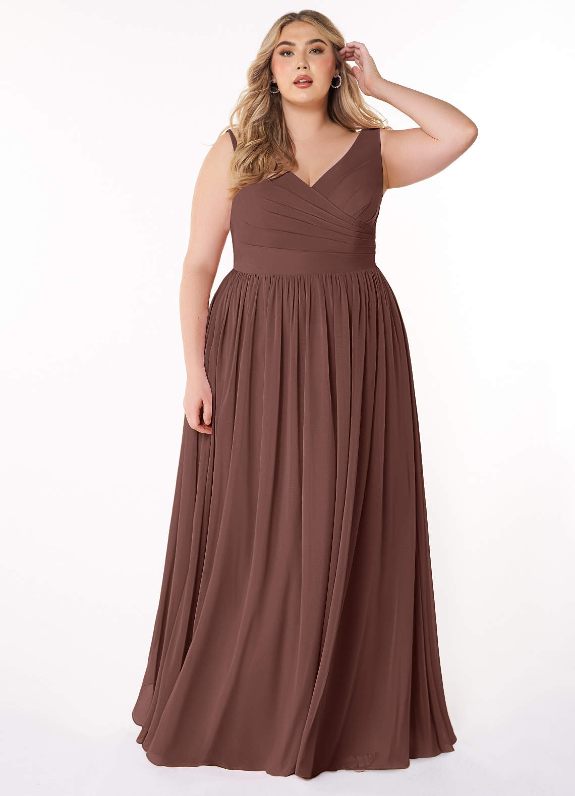Azazie Keyla Bridesmaid Dresses Espresso A-Line V-Neck Pleated Chiffon Dress image1