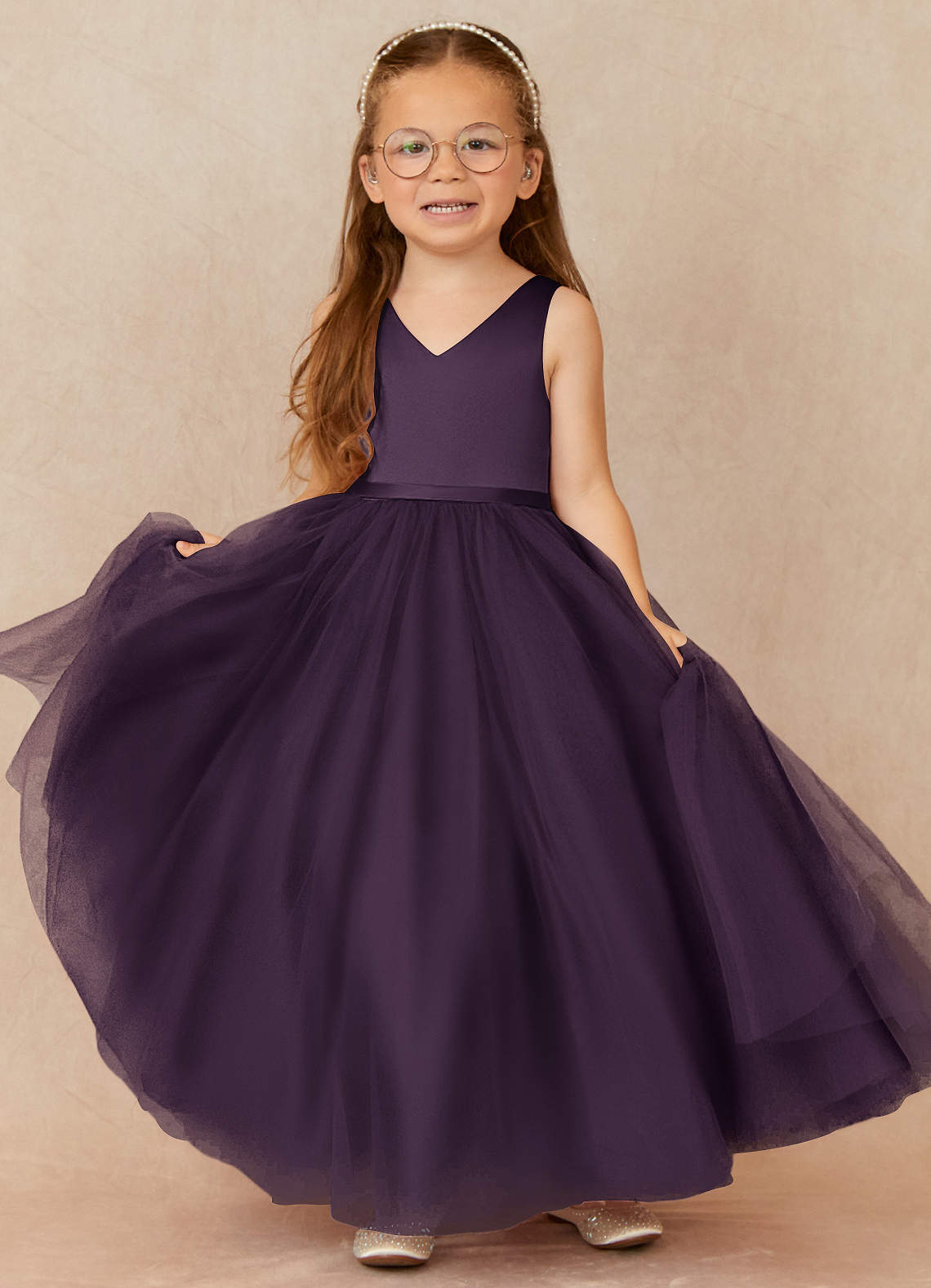 Azazie Marybell Jurken voor bloemenmeisjes A-Lijn Jurk van Tule Boog Pruim image1