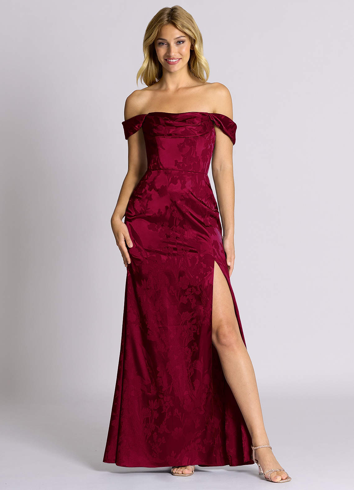 Azazie Saige 신부 들러리 드레스 인어 오프 더 숄더 자카드 바닥 길이 드레스 image1