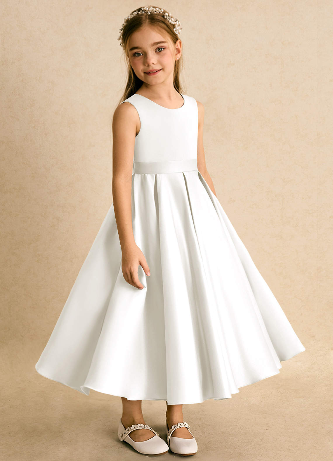 Azazie Junebuj vestidos de niña de las flores Vestido de Marfil de Satin Mate de Princesa con Plisado image4