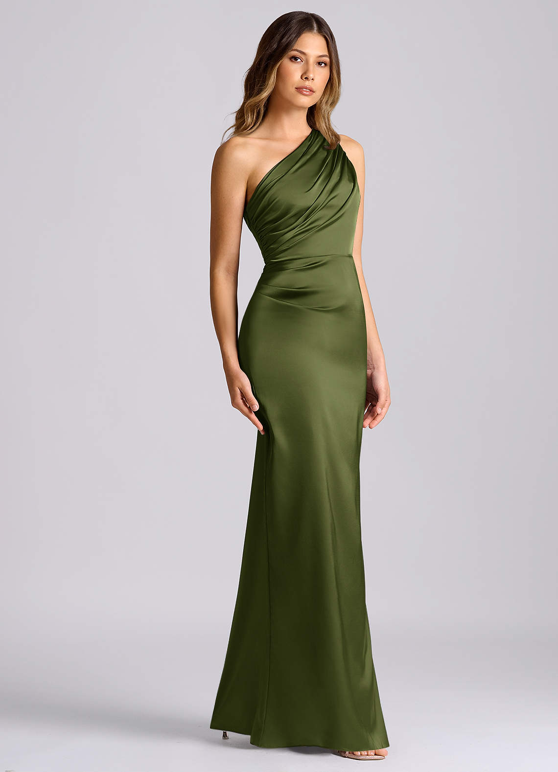 Azazie Akilah Bridesmaid Dresses Olive Mermaid One Shoulder Stretch Satin Dress image2