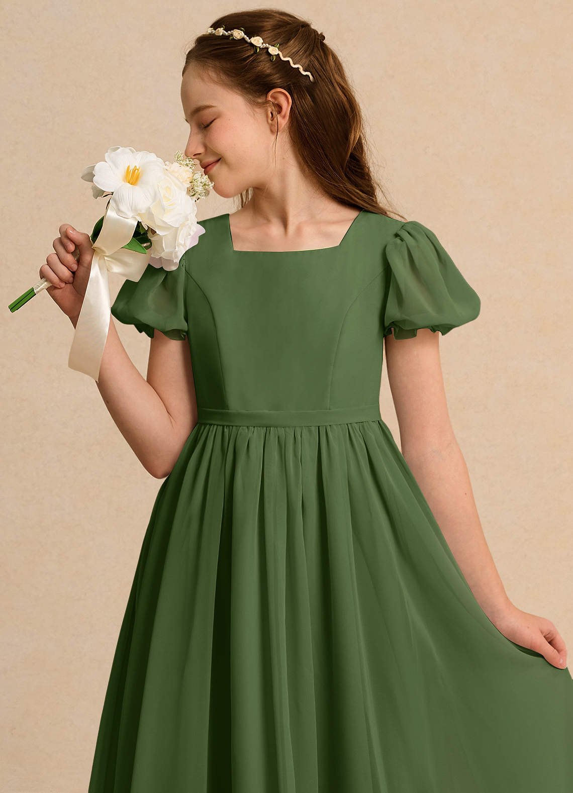 olive green girl dress Azazie A-Line Square Neck Ankle-Length Chiffon Flower Dresses sage green flower girl dress toddler