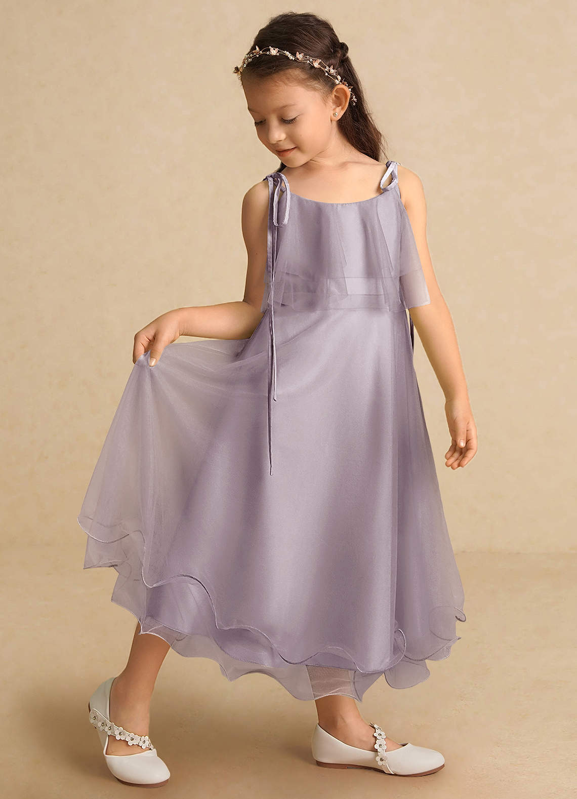 Azazie Bunie Flower Girl Dresses Dusk A-Line Spaghetti Strap Tulle Dress image1